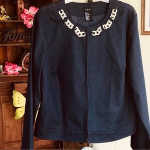 R.Q.T. Women’s Navy Blue Blazer Jacket with Chain Link Neck Hook and Eye